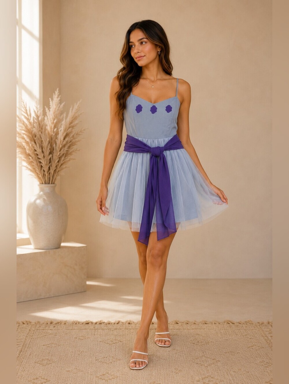 Women's Boho Baby Blue Fairy Costume Dress | Mesh Tulle Belted Cami Dress